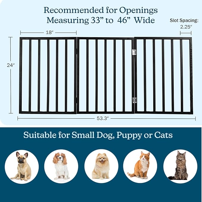 Pet Gate - 3-Panel Indoor Foldable Dog Fence for Stairs, Hallways, or Doorways - 54x24-Inch Wood Freestanding Dog Gates by PETMAKER (Black)