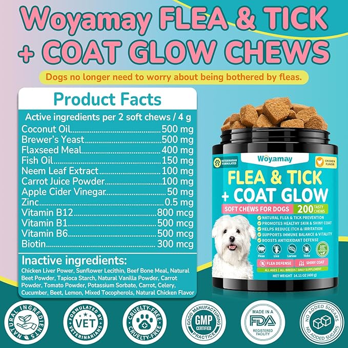 Flea + Coat Glow Soft Chews, Natural Flea and Tick Prevention for Dogs, Dog Flea and Tick Treatment Chewable, Reduces Itch & Shedding with Fish Oil & Neem, Chicken Flavor