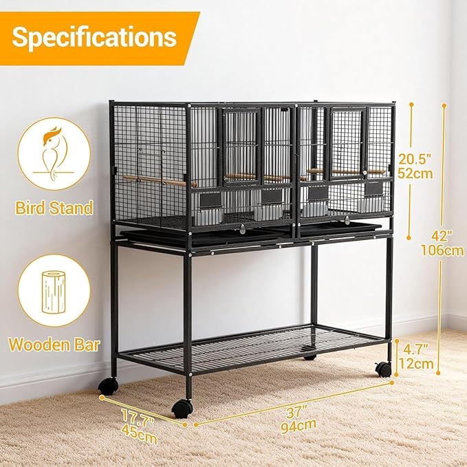 43'' Wrought Iron Birdcage with Detachable Rolling Stand & Feeder, Large Bird Cage with Secure Lock & Slide-Out Tray, Indoor Outdoor Bird Cage on Wheels,Parrot Cages for Parakeets, Pigeons, Black