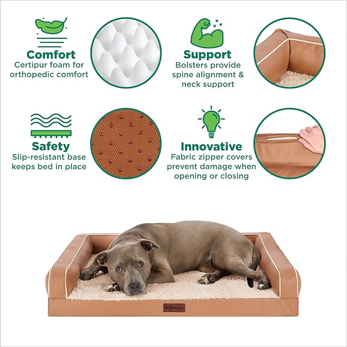 Furhaven Cooling Dog Sofa Bed – Memory Foam Couch with Bolsters, Textured Plush & Water-Resistant Cover, Washable Cover - Camel, Medium
