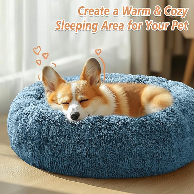 JOLLYVOGUE Calming Dog & Cat Bed for Small Dogs, Anti-Anxiety Donut Cuddler Cozy Soft Round Bed with Anti-Slip Bottom, Fluffy Faux Fur Plush Cushion Beds for Small Medium Dogs (27")