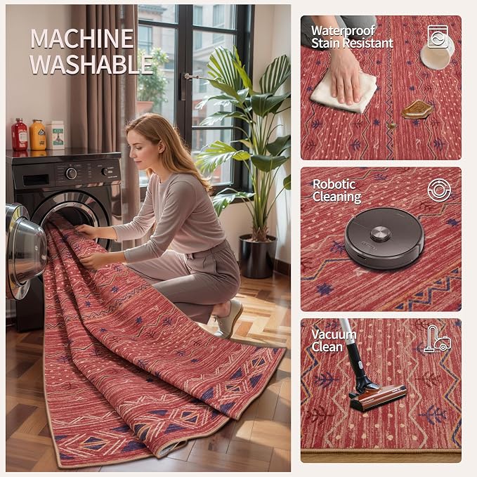 SERISSA 3x5 Area Rugs for Living Room, Washable Non-Slip Red Ochre Small Boho