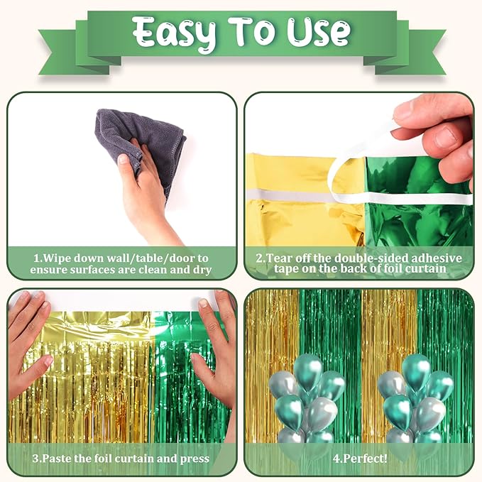 3 Pack 3.3 x 8.2 ft Green and Gold Foil Fringe Backdrop Curtains, Tinsel Streamers Party Decorations, Fringe Backdrop, Door Shimmer for Graduation or Birthday Party