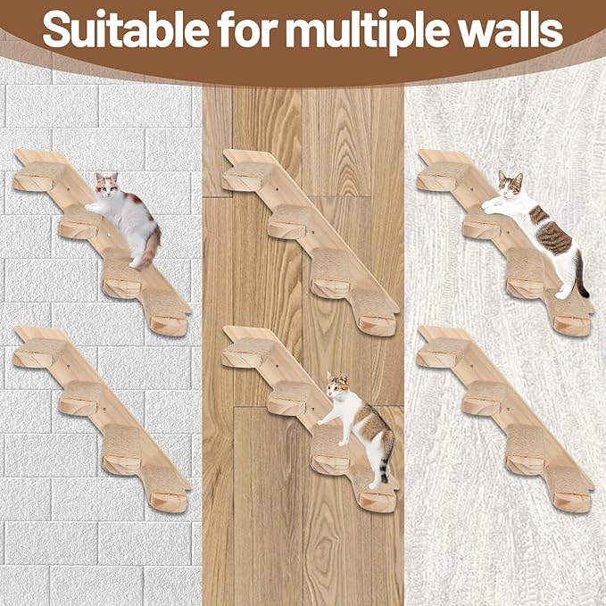 2 Pack 4 Steps Cat Wall Shelves, Wood Wall Mounted Stairs with Sisal Rope, Cat Climber/Ladder Furniture Climbing Shelves for Pet Perch & Play