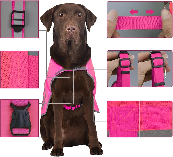 Pink Reflective Dog Vest for Medium Breeds,High Visibility Dog Safety Vest Harness with Removable Bell Keep Safe from Hunting, Training & Cars Accidents
