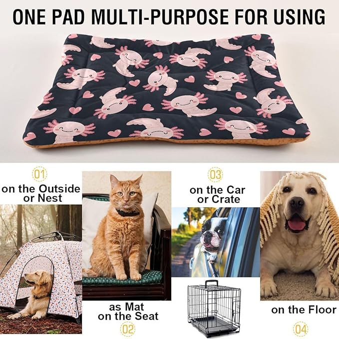 Emelivor Cute Axolotl Heart Black Dog Cat Bed Washable Crate Pet Bed Anti-Slip Comfortable Crate Pet Puppy Bed Mat for Indoor Small Medium Large Dogs,36x24in