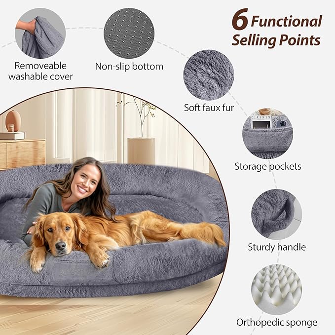 L&W BROS. Orthopedic Human Dog Bed for Large Dogs and Adults, Washable Extra Large Pet Couch with Removable Cover & Blanket, Supportive Memory Foam Lounger 71"x47" (Dark Gray)