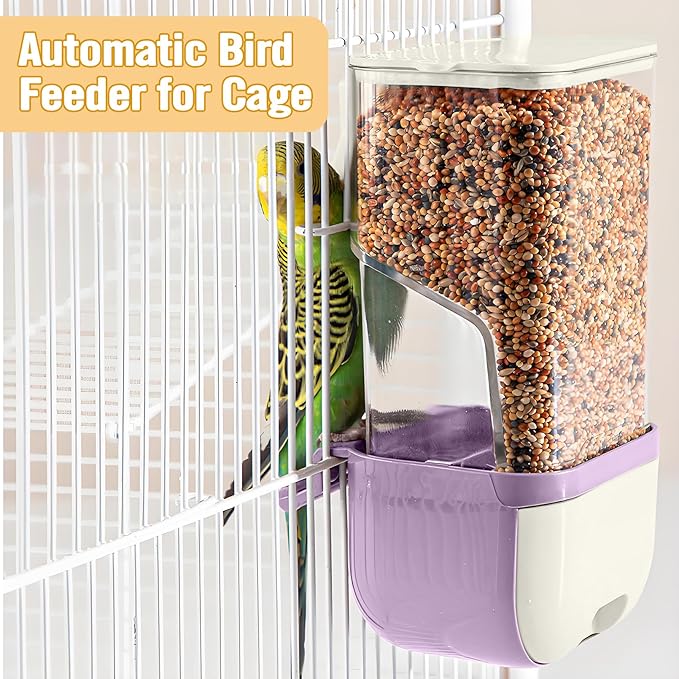 BNOSDM No Mess Bird Cage Feeders Automatic Bird Feeder Parrot Cage Accessories Transparent Seed Food Container with Perch for Finches, Parakeets, Budgies, Lovebirds, Cockatoos, Canaries（Purple）