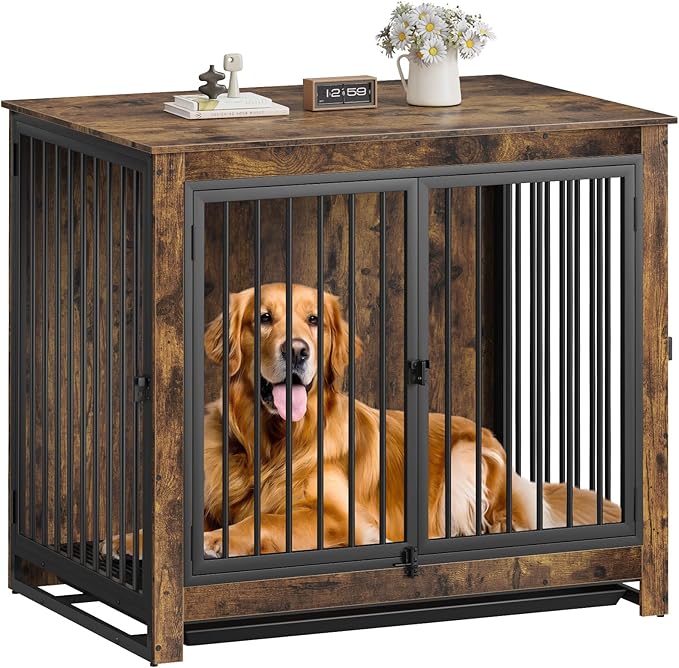 Dog Crate Furniture, 42 Inch Indoor Large Dog Kennel for Medium to Large Dogs Up to 70 LBS, Heavy Duty Wooden Pet Cage End Table with 3 Doors, Alloy Steel Frame & Removable Tray