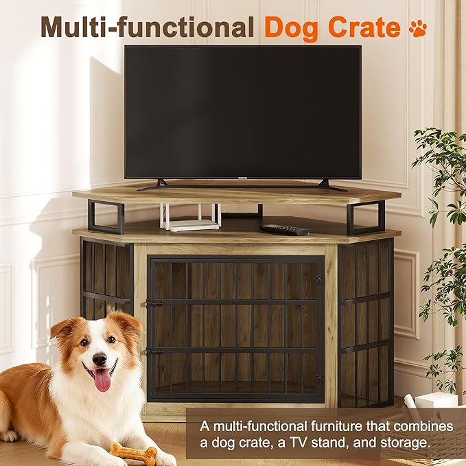 51" Corner Dog Crate Furniture, Wooden Dog Kennel Furniture with 2-Tier Shelves, Decorative Wood Dog House for Small/Medium/Large Dog, Space-Saving Dog Cage for TV Stand（Oak）