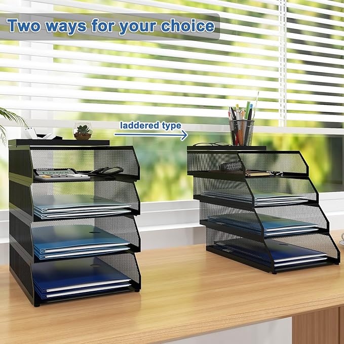 Natwind 4-Tier Desk Organizer,Stackable Paper Tray, Desk Accessories,Metal Mesh Desktop Organizer, Paper Sorter, Letter Trays,File Document Storage Rack for for Home, Office, School (Black)