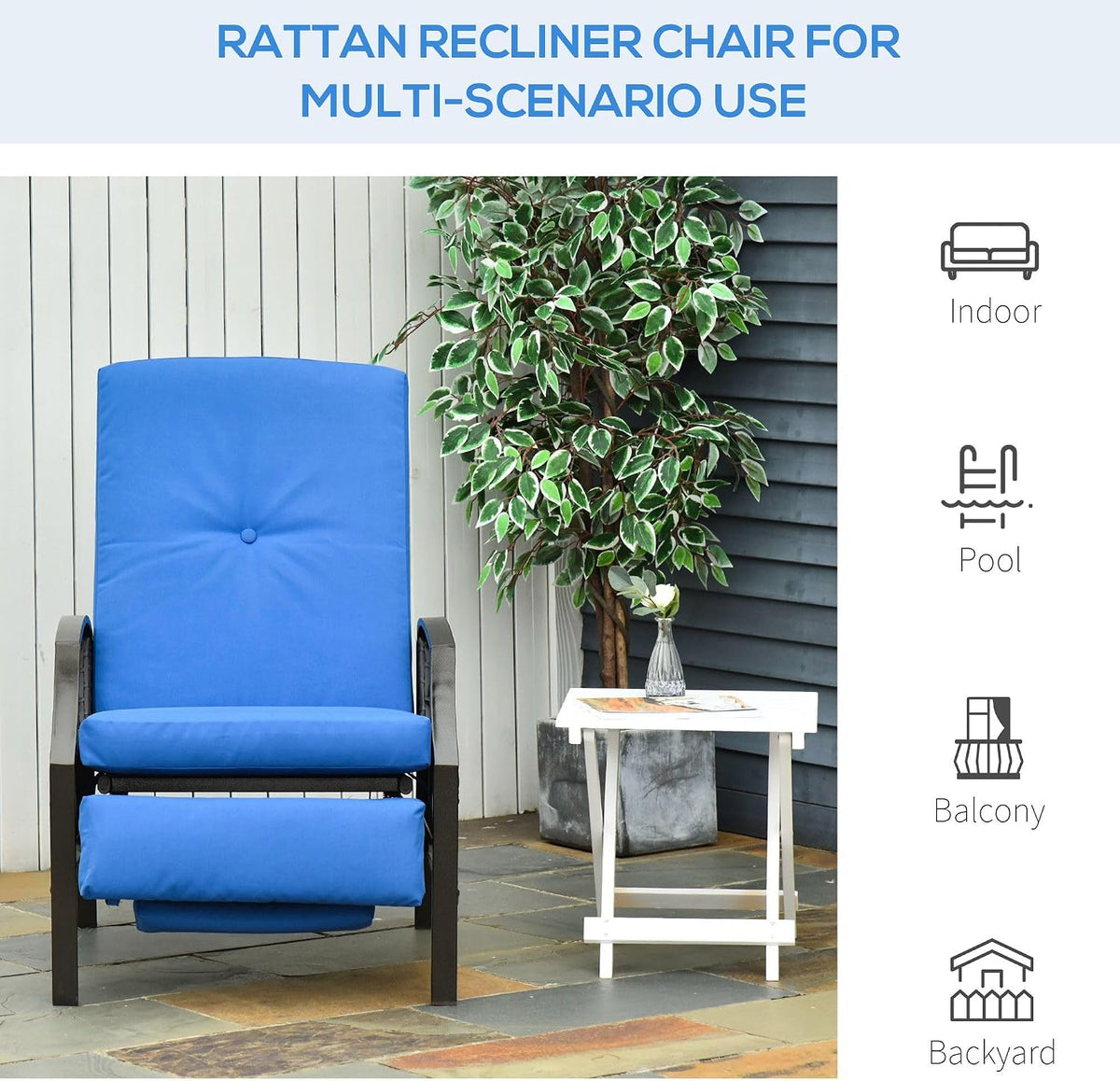 Outsunny Outdoor Recliner Chair, Reclining Patio Lounge Chair with Comfy Cushions, Footrest, Armrests, PE Wicker for Balcony, Porch, Blue