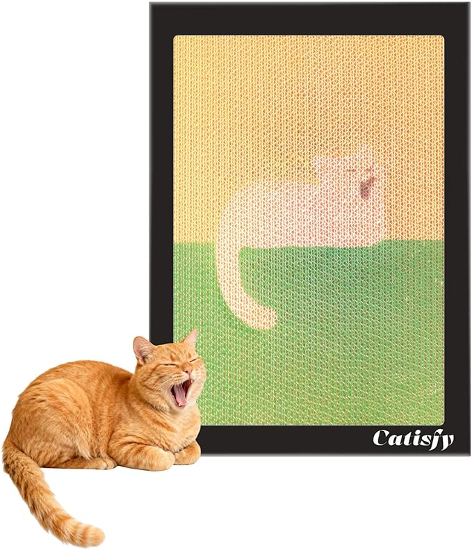 Wall Art Cat Scratcher, Decorative Vertical Cat Scratching Board, 17x12 Framed Cardboard Scratch Pad with Renter-Friendly No-Drill Wall Mount, Indoor Cat Toy & Furniture Protector(Yawning Kitty) 1