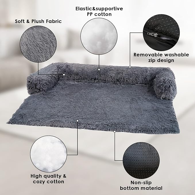 Large Washable Removable Calming Dog Bed,Fluffy Plush Dog Couch Bed,Couch Cover for Dogs with Dogs Landing Furniture Protector,Dog Beds for Large Dogs and Cats.(L(41x37x6),Dark Grey)