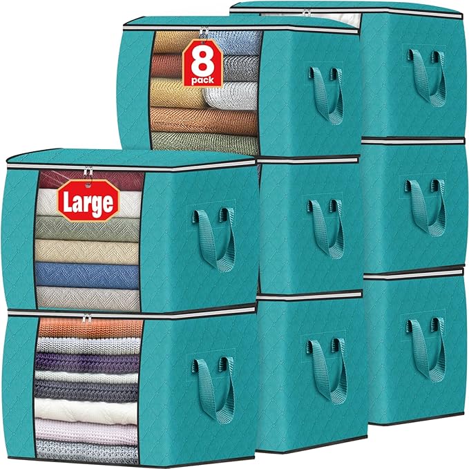 Fab totes 24 Gallons Clothes Storage, Foldable Thick Fabric Blanket Storage Bags, Containers for Organizing Bedroom, Closet, Clothing, Comforter, Organization with Handle (8 Pack,Green)