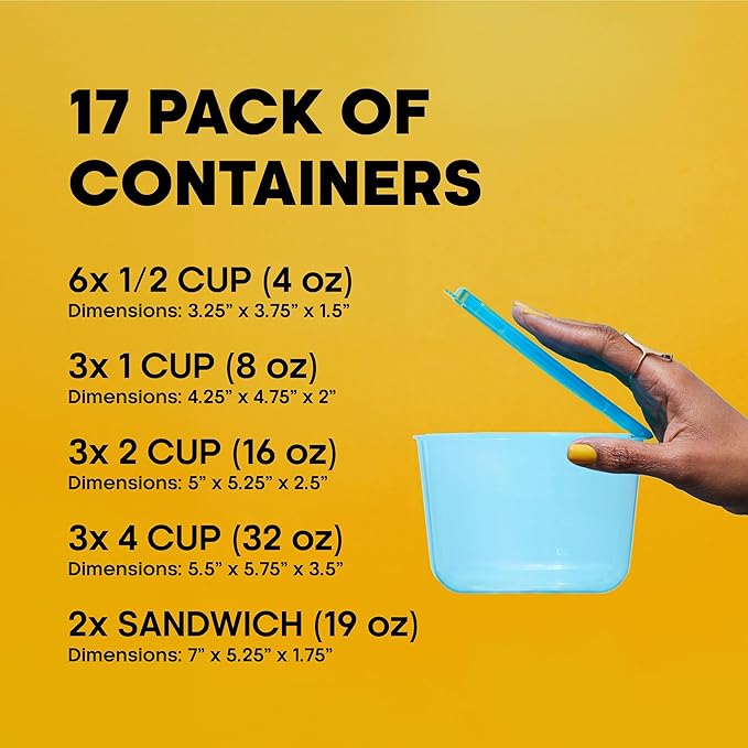 Premium Attached Food Storage Containers, Permanently Attached Plastic Lid, Never Lose & Space Saving Organization (17 Pack)