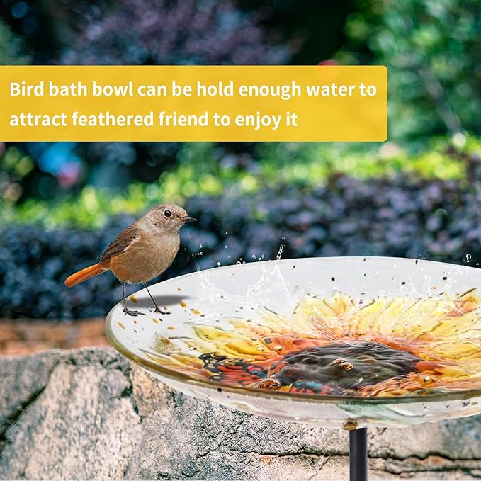 MUMTOP Bird Baths for Outdoors, Glass Birdbath Birdfeeder Bowl with Metal Stake for Outside Garden Yard Lawn Sunflower Butterfly Decor