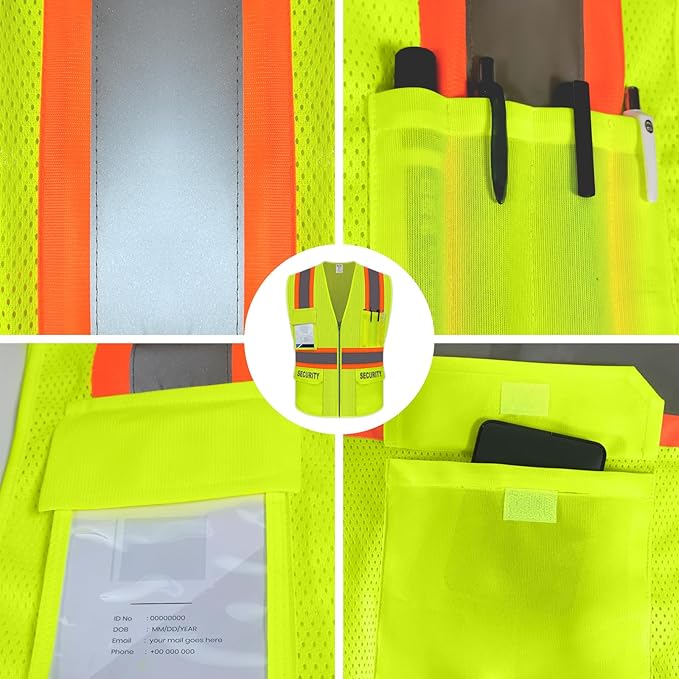 Security Vest for Men Women, High Visibility Vest with Pockets & Zipper, Neon Work Wear with Reflective Strips, ANSI Compliant, Yellow, 2XL