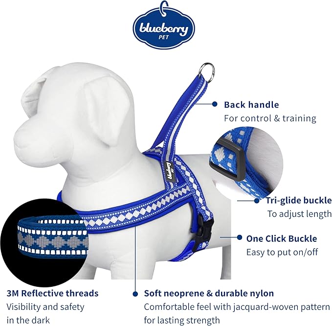 Blueberry Pet 4 Colors Soft & Comfy 3M Reflective Jacquard Padded Dog Harness, Chest Girth 19" - 23.5", Palace Blue, XS/S, Adjustable Harnesses for Dogs