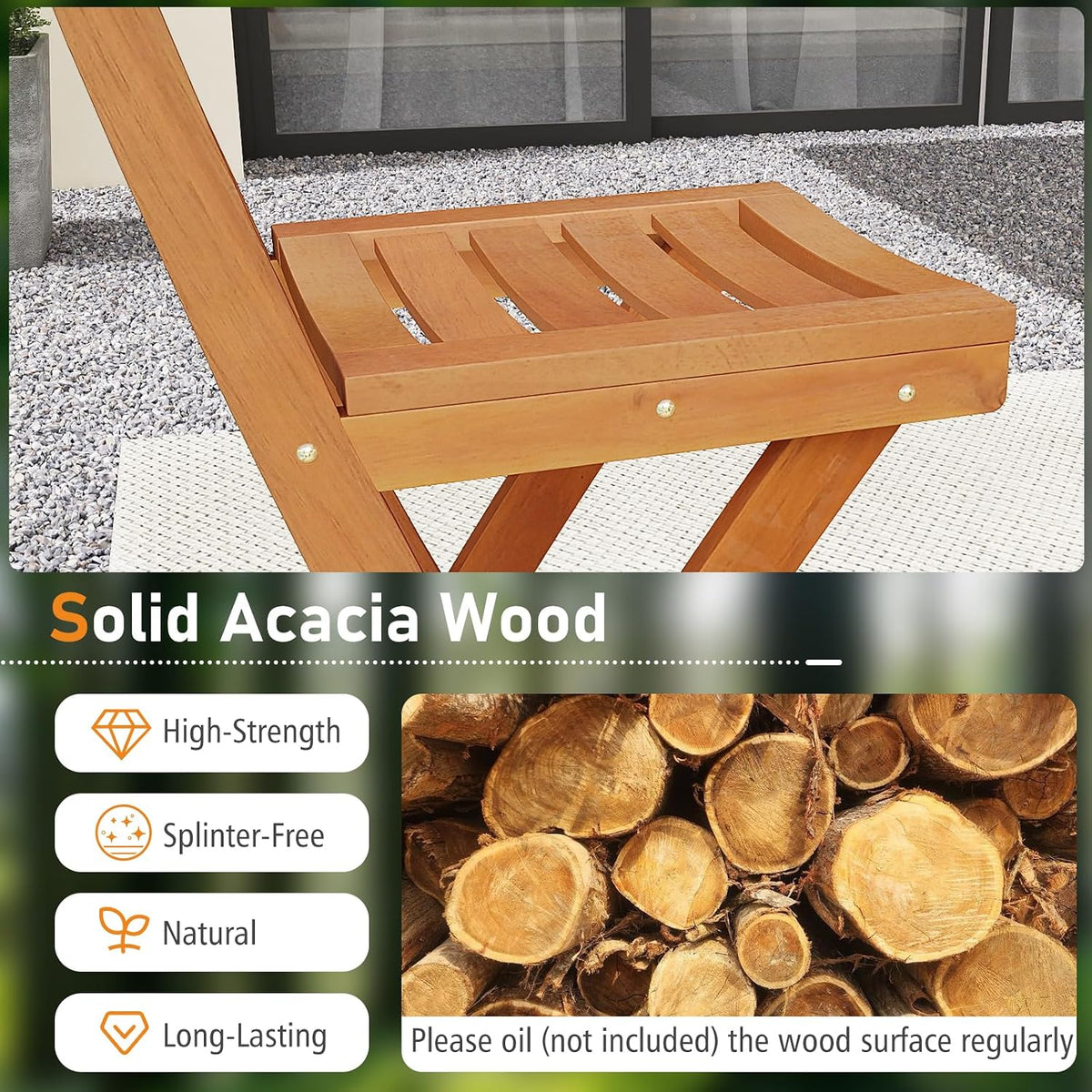 Tangkula Patio Folding Barstool Set of 2, Outdoor Portable High Top Acacia Wood Bar Height Chair with Backrest & Footrest,for Backyard, Garden, Front Porch