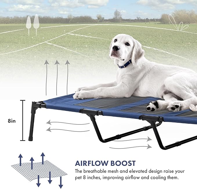 GrandTies Cooling Elevated Dog Bed with Canopy – XL Portable Pet Cot for Outdoor & Indoor Use – Waterproof Removable Shade, Breathable Mesh, Slip-Resistant Feet, Easy Assembly – Blue Berry