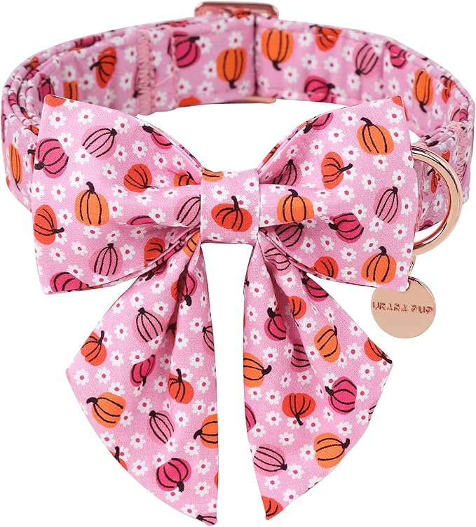 Halloween Pumpkin Dog Collar with Bow Tie, Pink Halloween Puppy Bowtie Collar with Adjustable Metal Buckle,Fancy Dog Collar Bowtie for Girl Boy Dog,XL