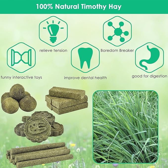 ERKOON 25Pcs Bunny Chew Toys, 100% Natural Timothy Hay Biscuit&Treats Sticks, Chew Toy for Teeth for Rabbit Chinchilla Guinea Pig Hamster Gerbil Squirrel, 8.5oz