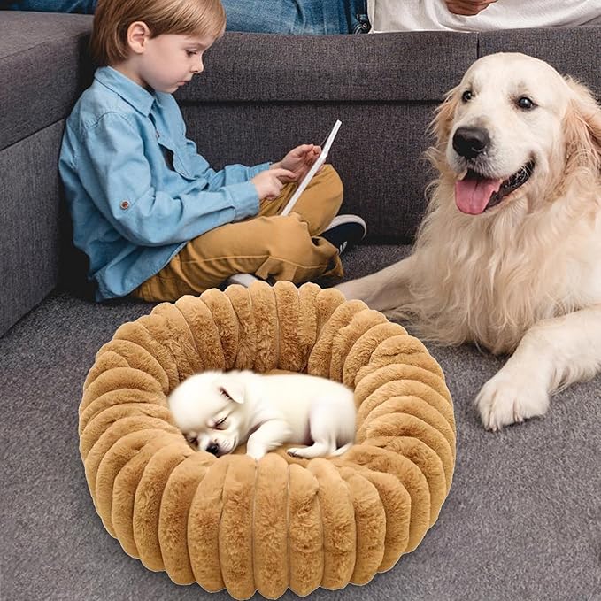 Round Dog Bed, Washable Warm Round Cat Couch, Plush Pet Cushion Non-Slip Pet Furniture for Apartment Travel Corner Home Bedroom Outdoor Offices Indoor Floor Balcony