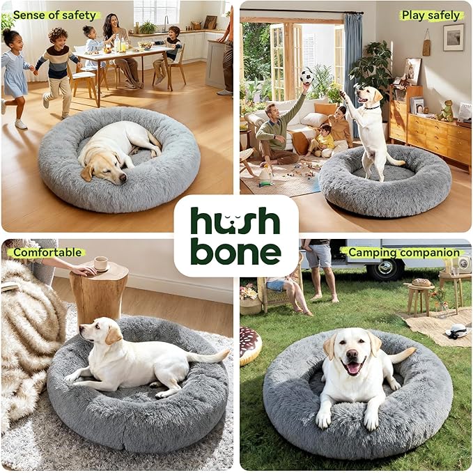 Orthopaedic Round Dog Beds for Large Dogs Washable with Removable Cover,Extra Comfort Calming Foam Cooling Gel Pet Bed with Waterproof Plush Cushion,Fluffy Anti Anxiety Cuddler for Sleep 36 Inch,Grey