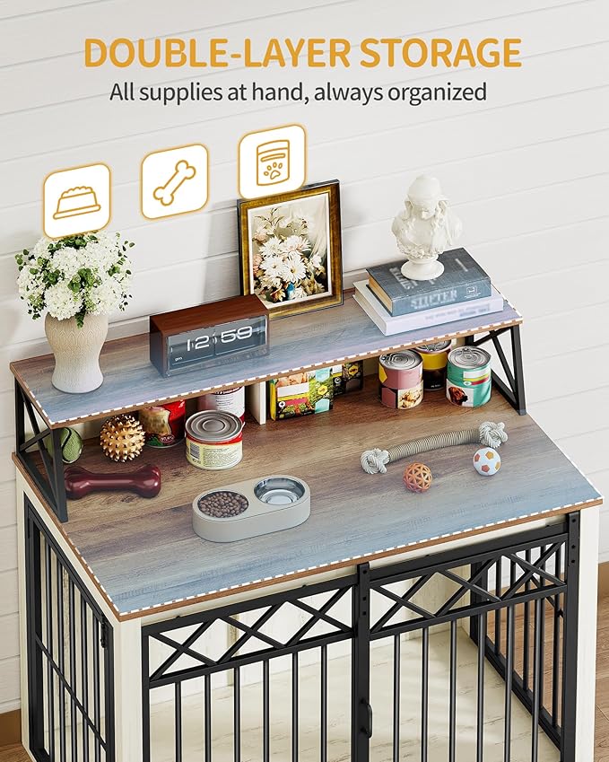 39.4'' Dog Crate Furniture, Large Wooden Dog Crate with Storage and 3 Doors, Indoor Kennel for Medium/Large Dogs, End Table with Barn Door, Chew-Proof and Escape-Proof, White Brown DFC87414B