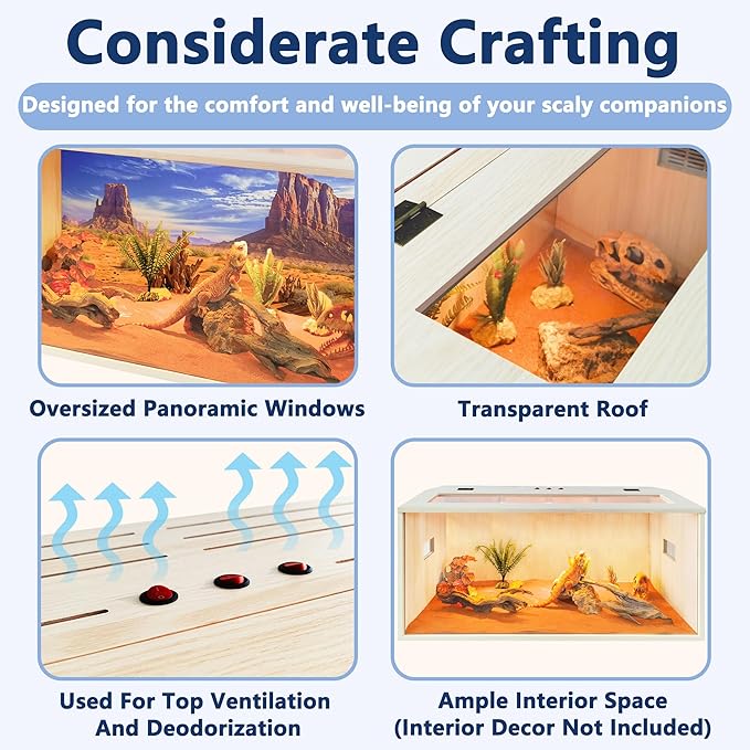 PROLEE Tempered Glass Bearded Dragon Tank,Wooden Reptile Tank and Lizard Tank, Large Bearded Dragon Enclosure with Built-in Lamp Fixture, Snake Tank (Wooden-Topped roof, 48inch,80 Gallons)