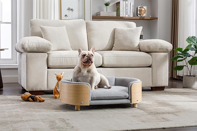 Dog Crate Furniture Elevated Dog Bed with Solid Wood Legs and Bent Wood Back, Mid Size Pet Sofa Kennel Indoor Cage House for Medium Dogs,LIGHTGREY