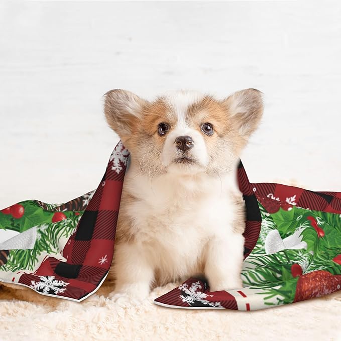 Xmas Blanket for Dog Cat - Snowflake Throw Blanket 30x20 Holiday Buffalo Plaid Pet Blanket for Couch Sofa Bed