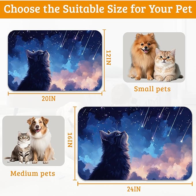Cat Dog Food Mat,Starry Night Absorbent Pet Feeding Mat for Food and Water Bowl,Quick Dry Dog Placemat Non Slip Rubber Backing Waterproof Pet Supplies 12" x 20"