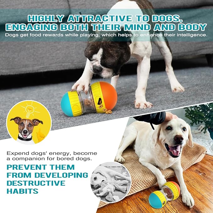 Dog Treat Dispensing Puzzle Toy Adjustable Food Dispenser Slow Feeder Puppy Enrichment Rolling Ball Pet Interactive Chase Toys Stimulating Game for Small Medium Dogs Gift to Keep Them Busy
