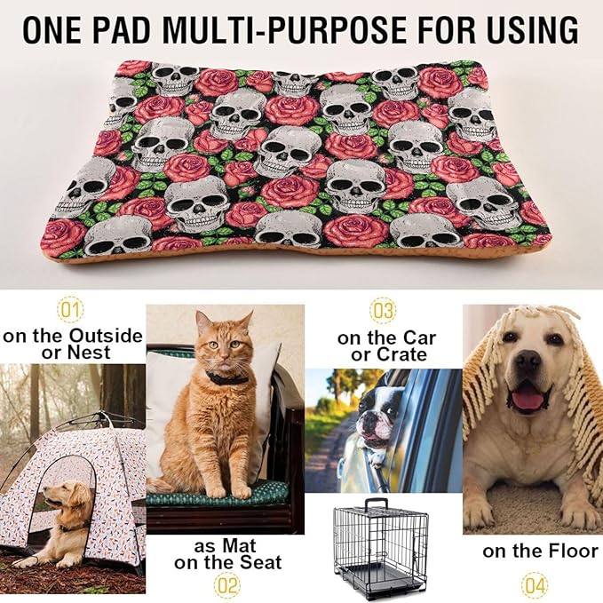 Pet Bed Gothic Skull Roses Dog Bed Mat Absorbing Non Slip Pad Pet Sleeping Mat for Small, Medium, and Large Dogs Puppy Cat 36 in x 24 in