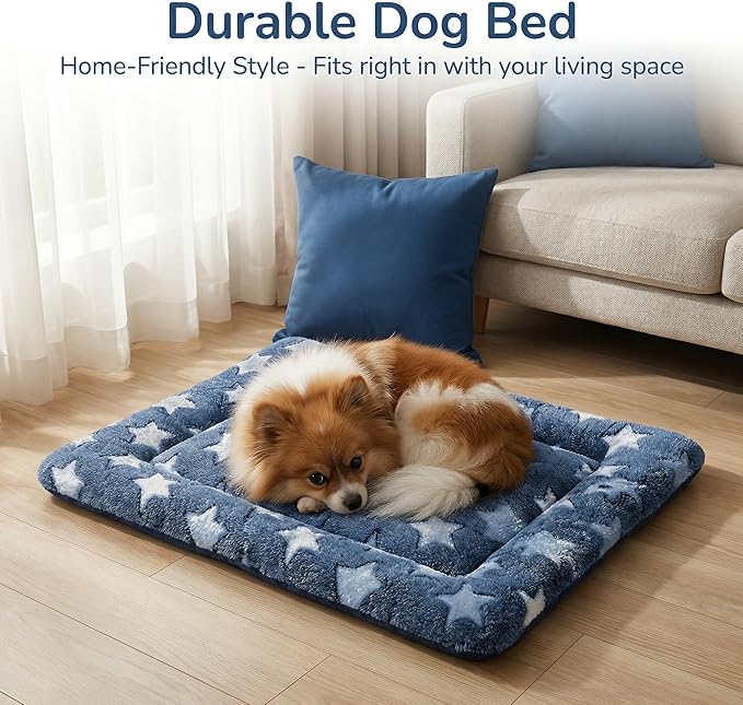 Dog Bed Mat - Reversible Dog Crate Bed Mats, Soft & Breathable Kennel Pad, Durable Crate Bed for Small Dogs & Cats (Navy&Stars, S(24"*16"*1.2"))
