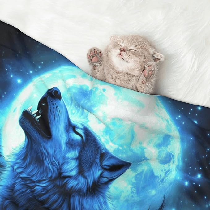 Wolf Blanket for Pet - Animal Throw Blanket 23x16 Moon Night Couch Blankets for Puppy Dogs Cats