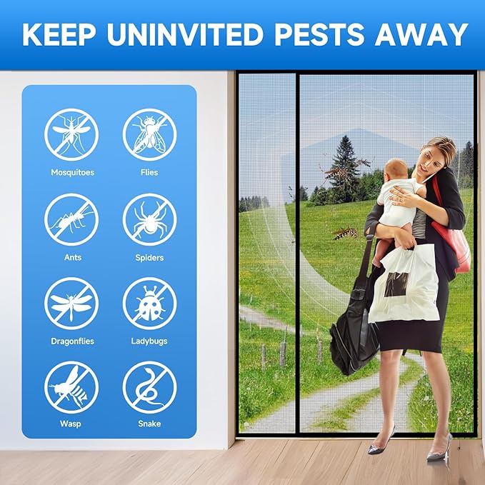 Magnetic Screen Door Mesh Left Right Side Opening Upgraded PET Material Mesh Stronger Than Fiberglass and Polyester,Keep Bugs Out,Pet & Kid Friendly Screen Size 74'' X 82''