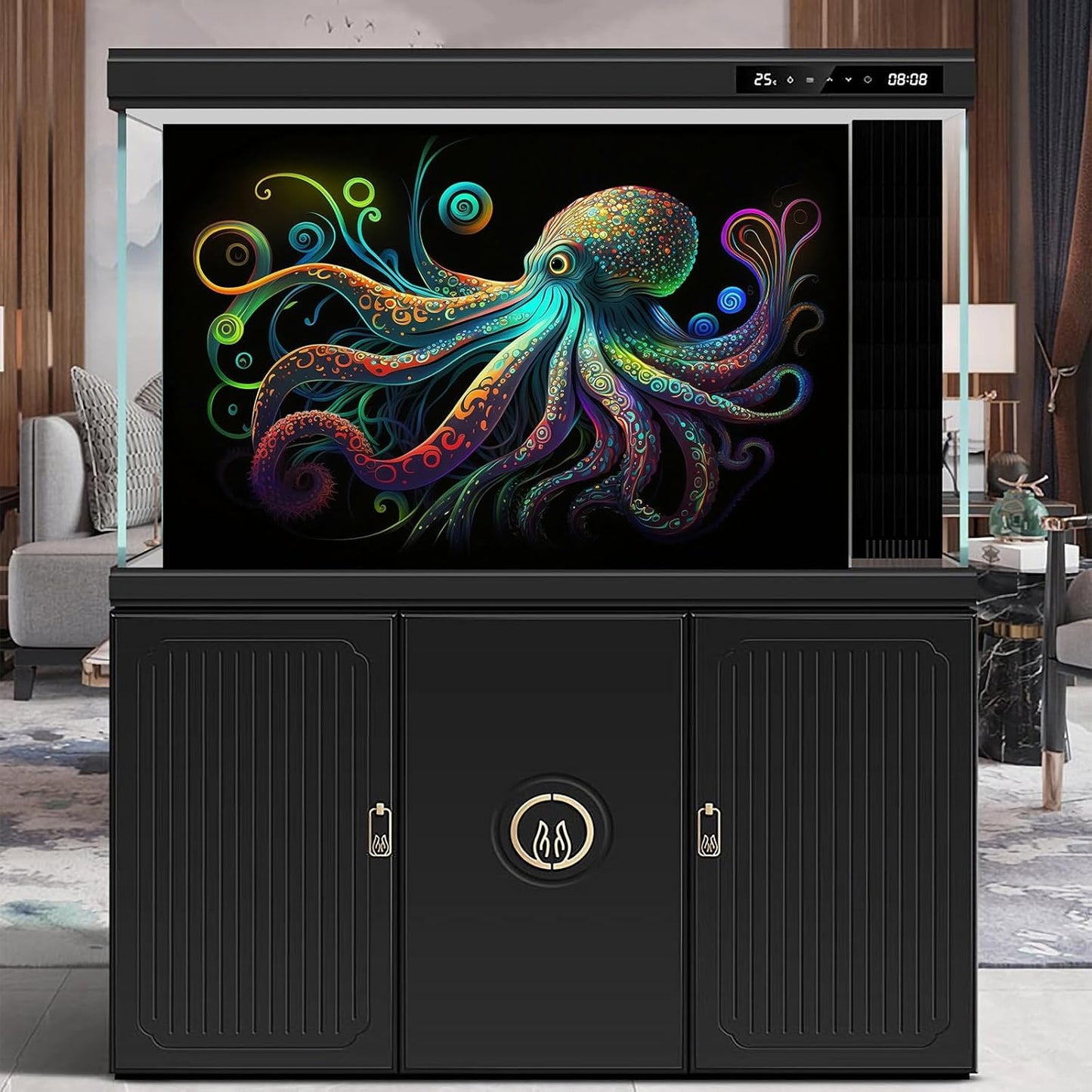 Octopus Aquarium Background Exquisite Colorful Octopus Terrarium Background Glowing Octopus on Black Background Fish Tank Backdrop Octopus Backdrops Poster Wallpaper Decorations Vinyl 36x24in