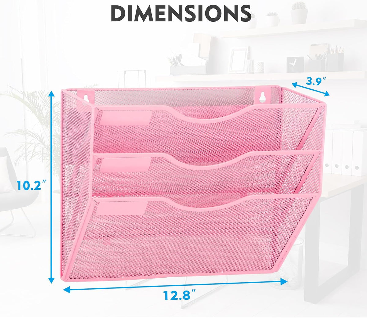 EASEPRES Magnetic 3 Pocket Mesh Hanging Wall File Organizer, Wall Mounted Mail Paper Document Folder Holder, Clipboard Storage Magazine Rack with Nametag Label for Office Home School, Pink