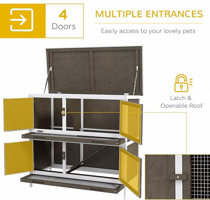 PawHut Wooden Bunny Rabbit Hutch, Small Animal Habitat with Ramp, Removable Tray & Weatherproof Roof, for Rabbits, Chickens, Ducks, Indoor/Outdoor, Brown