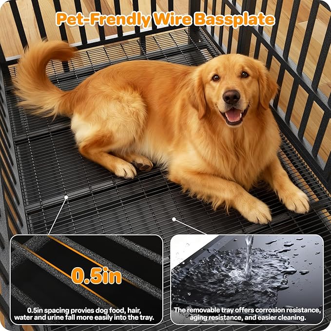 48 Inch Heavy Duty Dog Crate, Indestructible Escape-Proof Dog Kennel for High Anxiety Large Dogs, Strong Metal Pet Cage with Double Doors, Lockable Wheels & Removable Tray, XL XXL XXXL