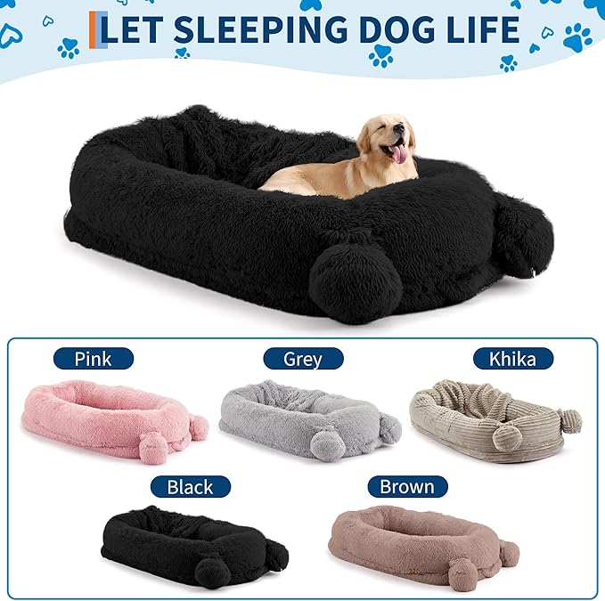 GarveeHome Human Sized Dog Bed, 71" x 45" x 12" Large Dog Bed with 2 Storage Pockets, Fluffy Faux Fur Orthopedic Pet Bean Bed for Adults & Giant Pets - Black