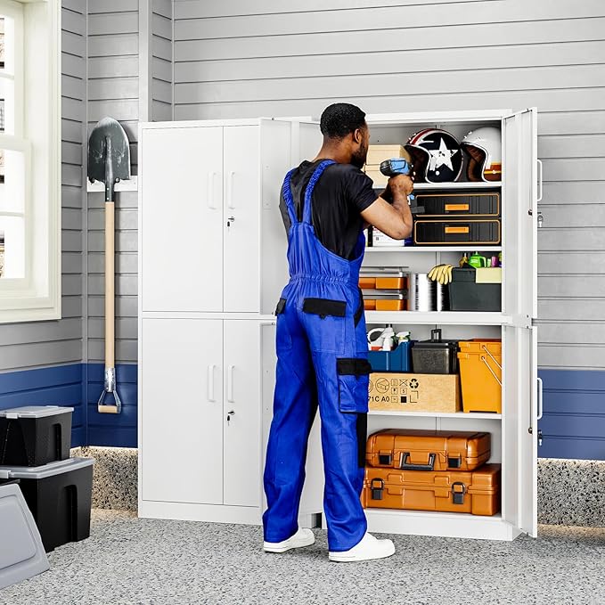 Yizosh Metal Storage Locking Cabinet with 4 Doors and 2 Adjustable Shelves,71" Lockable Garage Tall Steel Cabinet,for Home Office,Living Room,Pantry,Gym,Commercial Storage (White)