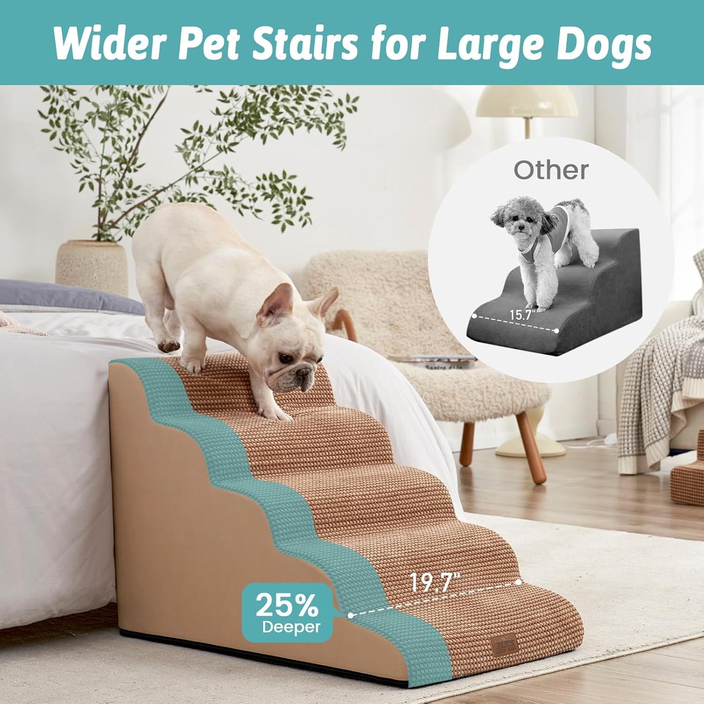 Extra Wide Dog Stairs 19.7" Width, Large Pet Step for Small Medium Dog, Puppy or Cat, Ramp for High Bed or Car, High Density Foam Ladder, Stable, 5 Step, 19.7x33x22.4 inch, Light Brown