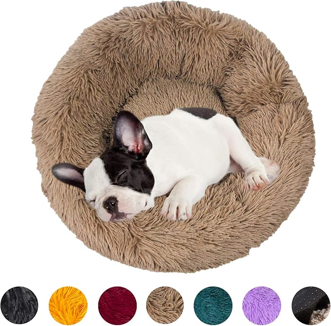 huraty Plush Dog Bed Pet Calming Fur Bed, Fluffy Donut Round Cat Beds, Anti-Slip & Anti-Anxiety, 16 Inch for Puppy and Kitties, Khaki, XS