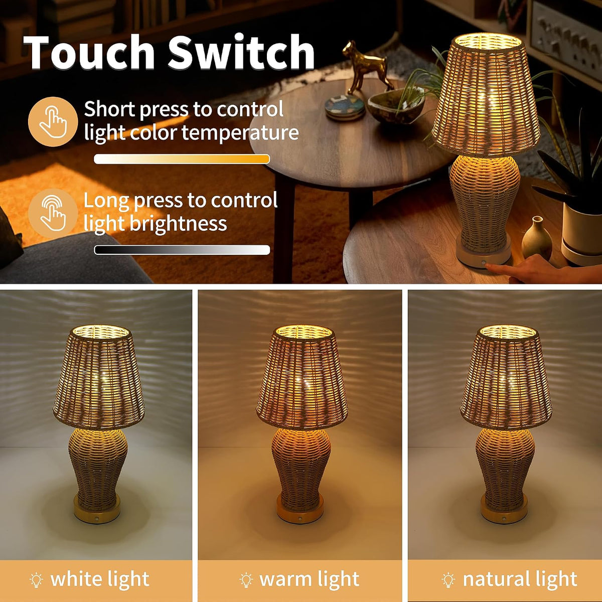 Boho Rattan Rechargeable Cordless Table Lamp, Touch Dimmable Battery Operated Table Light, for Patio Restaurant Kitchen Dining Room (Rattan Lampshade)