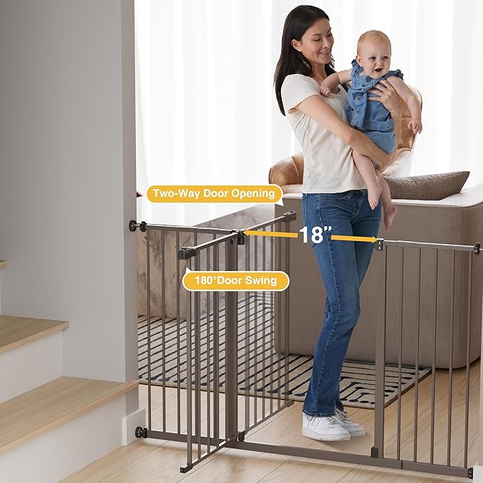 InnoTruth 28.9-49" Baby Gate for Doorways, 30" Tall Extra Wide Doggy Gates for Stairs One-Hand Opening, Easy Walk Thru Dual Lock Dog Gates for The House, Kitchen, Balcony, Easy Install Kid Gate,Brown