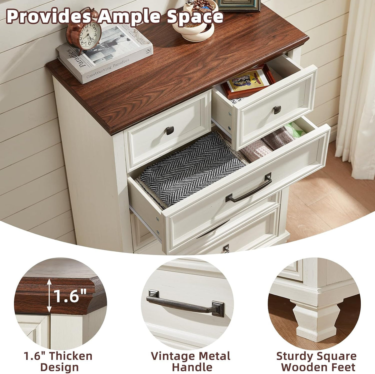 SAVOR LIFE Farmhouse 6 Drawer Dresser for Bedroom, 45 Inch Tall Vintage Wood Chest of Drawers, Rustic Dressers w/Square Wooden Legs, Mid-Century Storage Organizer for Living Room, Hallway, White